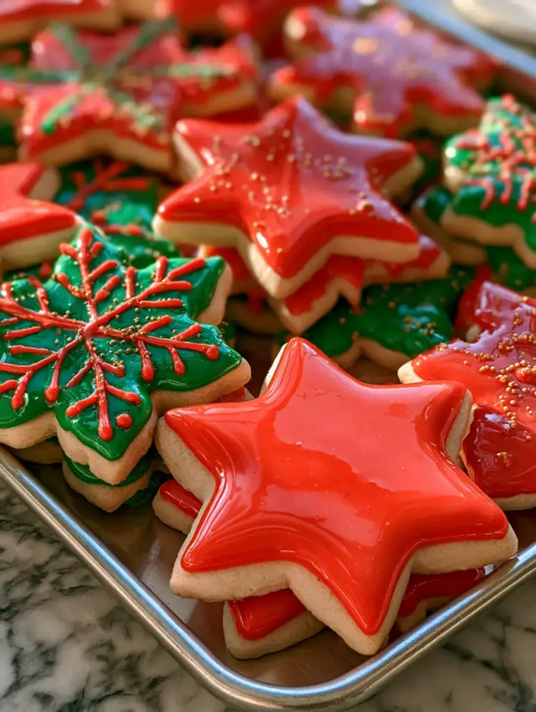 Sugar Cookie Glaze: The Secret to Glossy, Stackable Holiday Cookies 1 Macro focus on the thick, glass-like texture of vibrant green and red sugar cookie glaze on festive snowflake cookies.