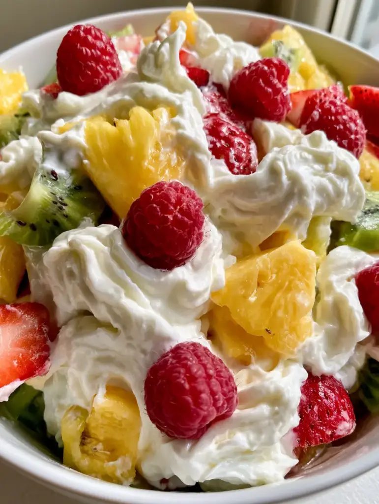 A handheld smartphone photo showing the dewy freshness of a cheesecake fruit salad in natural morning sunlight.