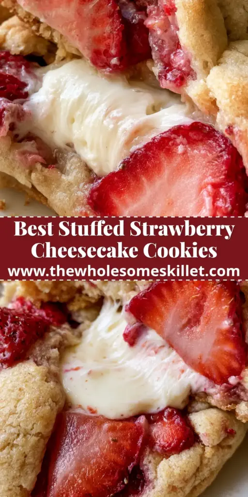 Strawberry Cheesecake Cookies with a Gooey Cream Cheese Center 4 A close-up of a stack of strawberry cheesecake cookies with sugar crystals and fresh berry chunks on a white surface.