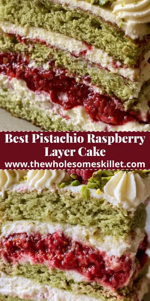 A tall, multi-layered slice of pistachio raspberry cake with vibrant green sponge and glowing jam on a white plate.