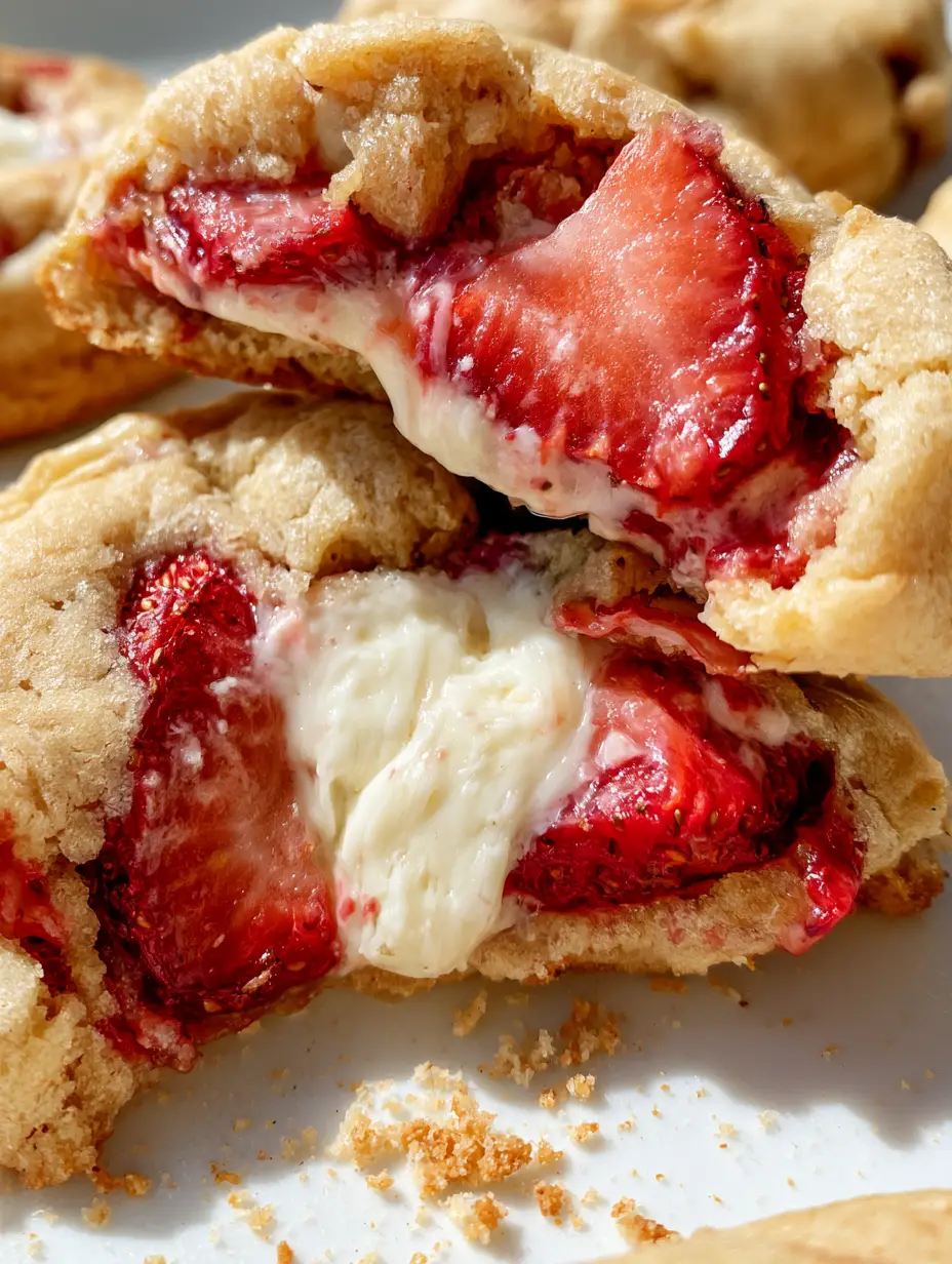 A smartphone photo showing a strawberry cheesecake cookie broken in half, revealing a thick gooey white center and red strawberries.