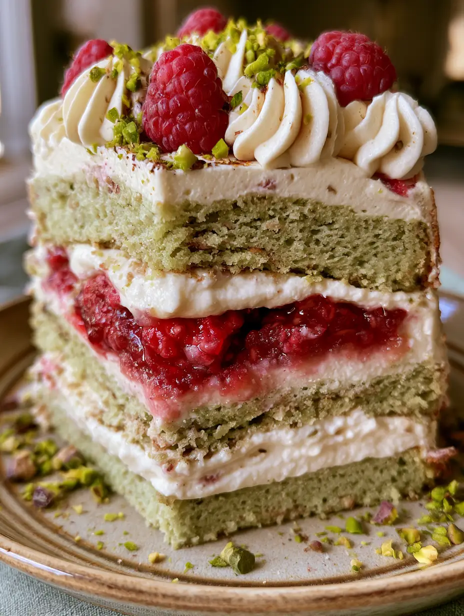 Smartphone photo of a pistachio raspberry cake slice showing the meticulous green sponge and thick whipped cream layers.