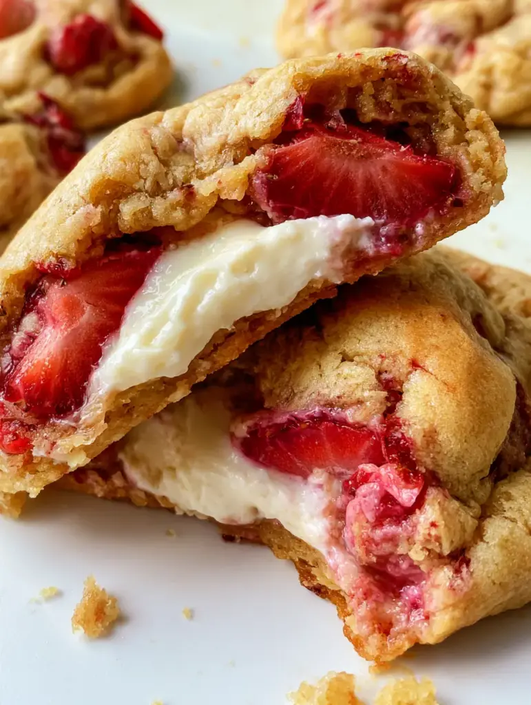 Overhead view of soft-baked strawberry cheesecake cookies on a white surface with crumbs.