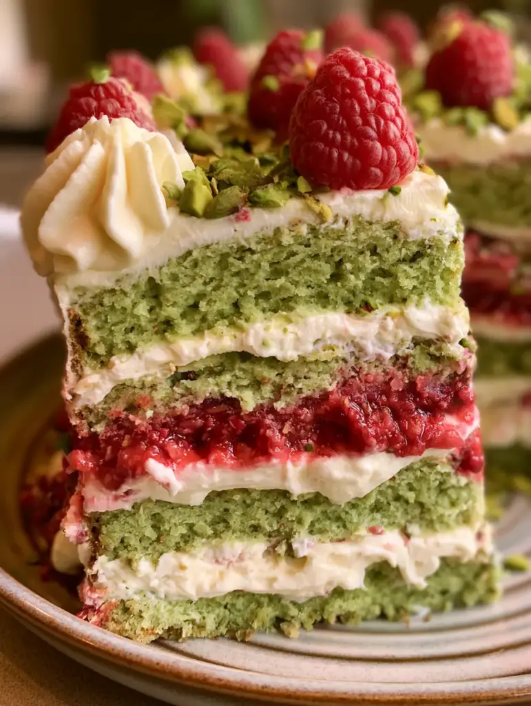 Top view of a pistachio raspberry cake with piped cream swirls, whole raspberries, and bright green chopped pistachios.