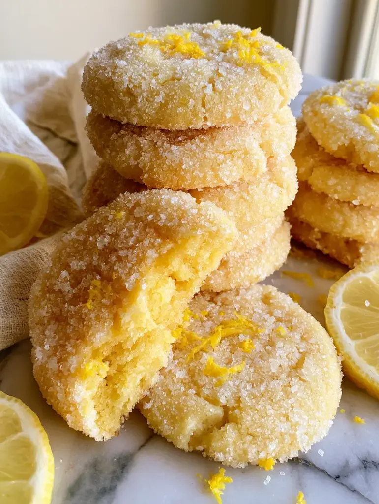 Lemon Sugar Cookies: The Ultimate Soft and Fudgy Recipe 2 Handheld smartphone photo of thick, soft lemon sugar cookies on a marble countertop with natural morning sunlight. (lemon sugar cookies)