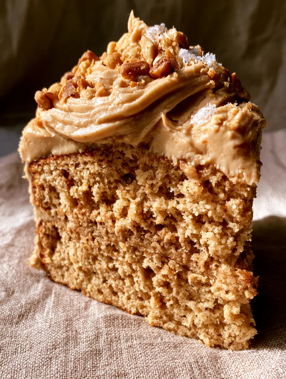 Peanut Butter Cake with Whipped Frosting and Roasted Peanuts 3 Close up of the open crumb texture and creamy peanut butter swirl in a peanut butter cake.