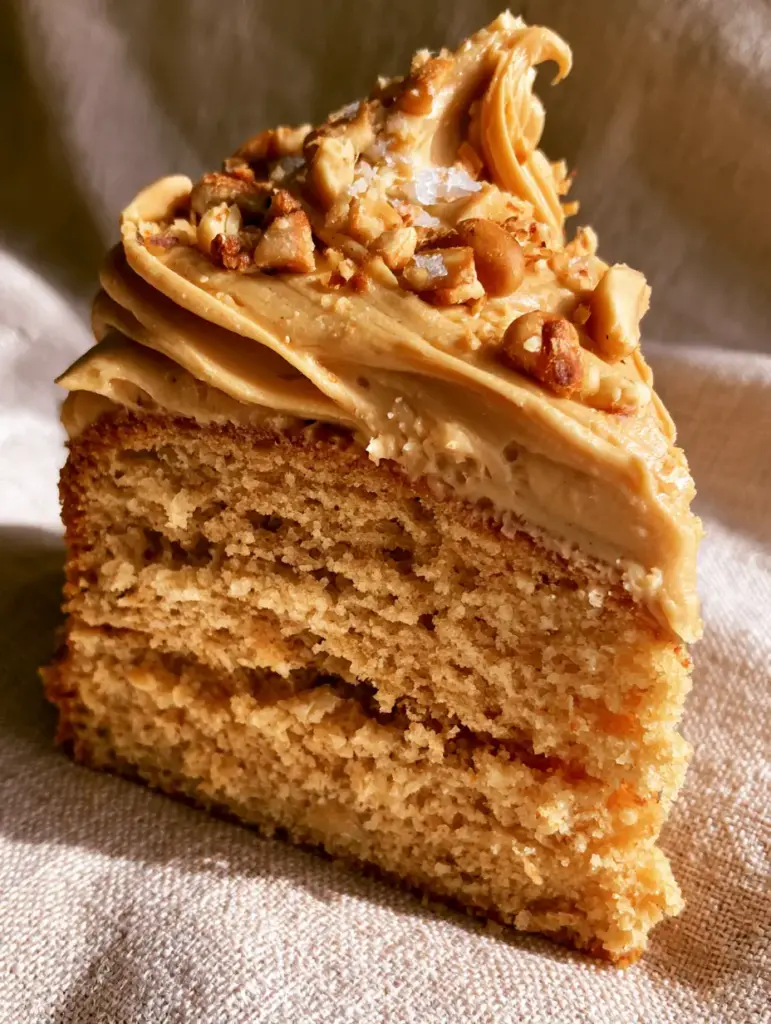 Peanut Butter Cake with Whipped Frosting and Roasted Peanuts 1 A heavy swirl of whipped peanut butter frosting topped with roasted peanuts and sea salt.