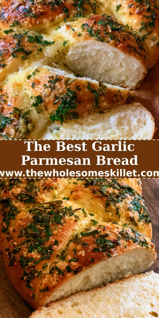 Garlic Parmesan Herb Loaf: The Ultimate Braided Artisan Bread 4 A vertical high-angle shot of a freshly baked braided garlic parmesan herb loaf on a wooden board, glistening with butter and fresh herbs.
