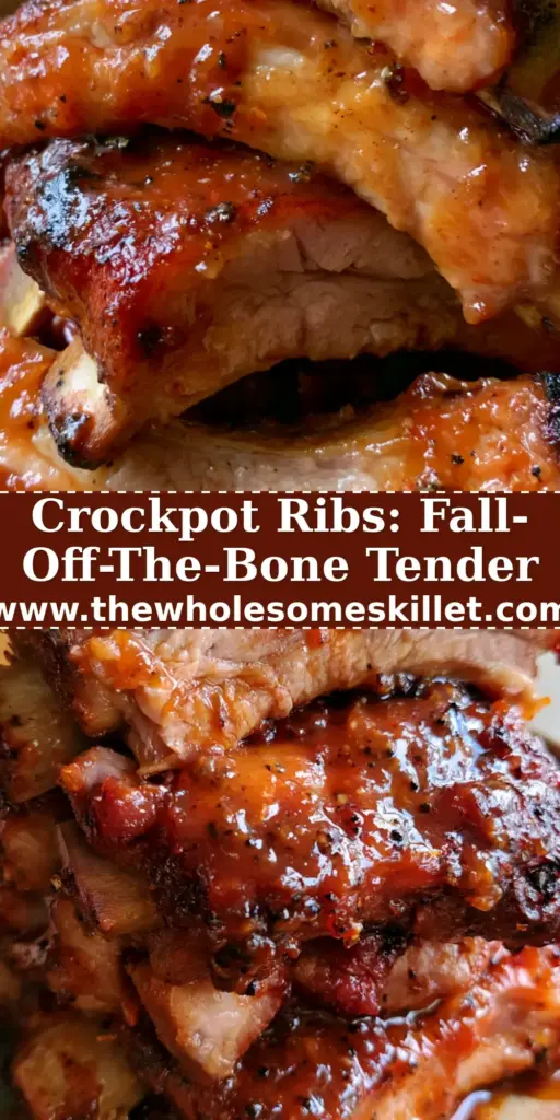 A stack of succulent crockpot bbq ribs on a dark ceramic plate with a mahogany glaze and visible black pepper.