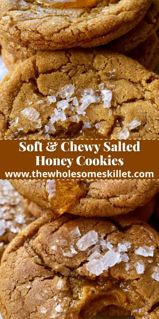 Salted Honey Cookies with a Soft Gooey Center and Flaky Sea Salt 4 A stack of salted honey cookies on crumpled white parchment paper with a glistening honey drizzle and sea salt flakes.