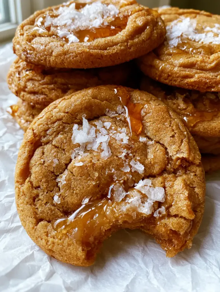 Salted Honey Cookies with a Soft Gooey Center and Flaky Sea Salt 2 Handheld photo of golden brown salted honey cookies with a bite taken out to show the soft interior.