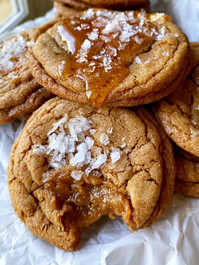 Salted Honey Cookies with a Soft Gooey Center and Flaky Sea Salt 1 Close up of the crackled texture and shimmering sea salt on salted honey cookies.