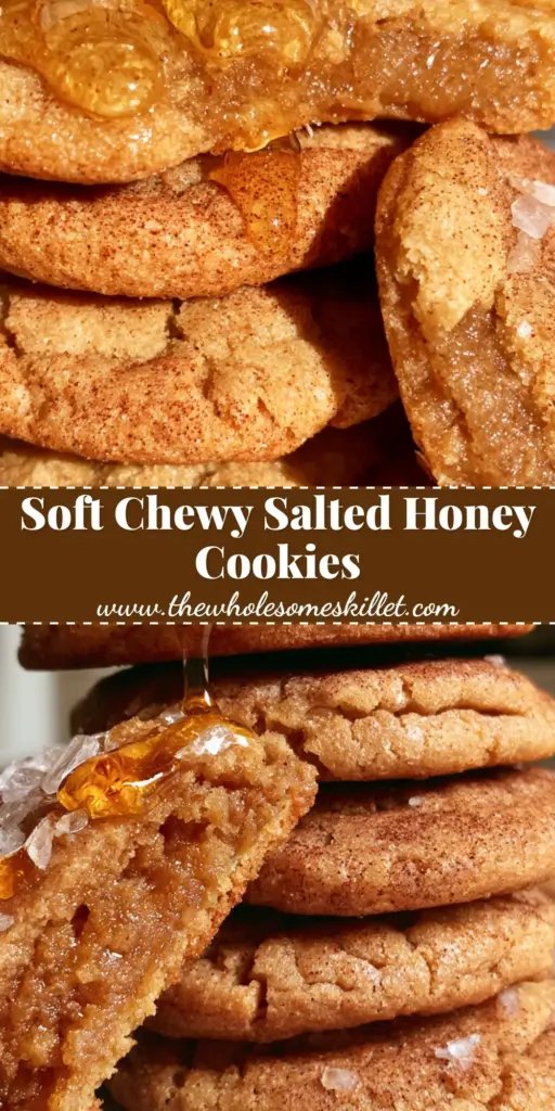 Honey Cinnamon Cookies: Thick, Chewy, and Finished with Flaky Sea Salt 4 A tall stack of golden brown honey cinnamon cookies on a marble counter, featuring a drizzle of honey and flaky sea salt.