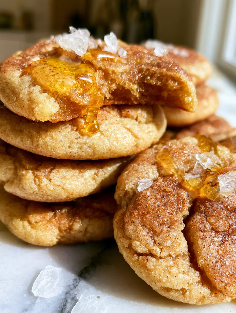 Honey Cinnamon Cookies: Thick, Chewy, and Finished with Flaky Sea Salt 3 Close up of honey cinnamon cookies with cinnamon visible in the cracks and a moist, chewy center.