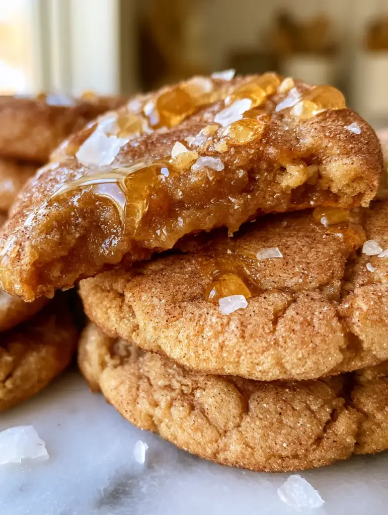 Honey Cinnamon Cookies: Thick, Chewy, and Finished with Flaky Sea Salt 1 A stack of golden brown cookies on marble, with glistening honey drops and Maldon sea salt flakes.