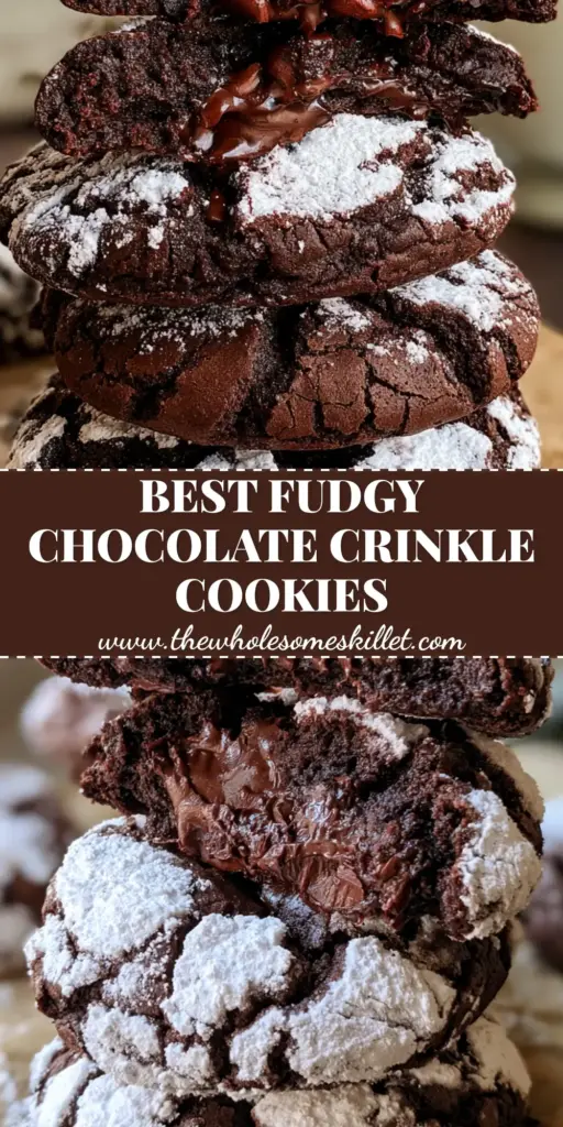 A tall stack of chocolate crinkle cookies with brilliant white powdered sugar and deep dark cracks on rustic parchment paper. (chocolate crinkle cookies)