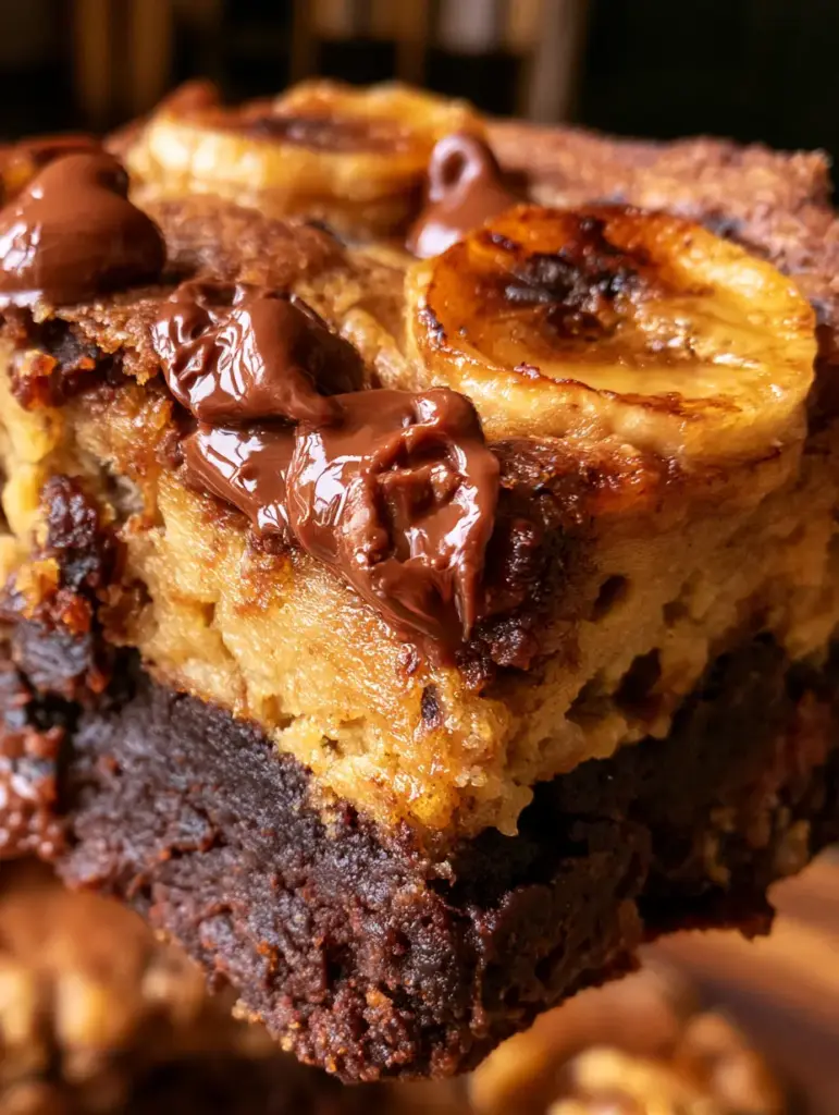 Banana Brownies: The Ultimate Marbled Fudgy Banana Bread Bars 2 Close up handheld shot showing the side layers of banana brownies with a dark chocolate bottom and golden banana top. (banana brownies)