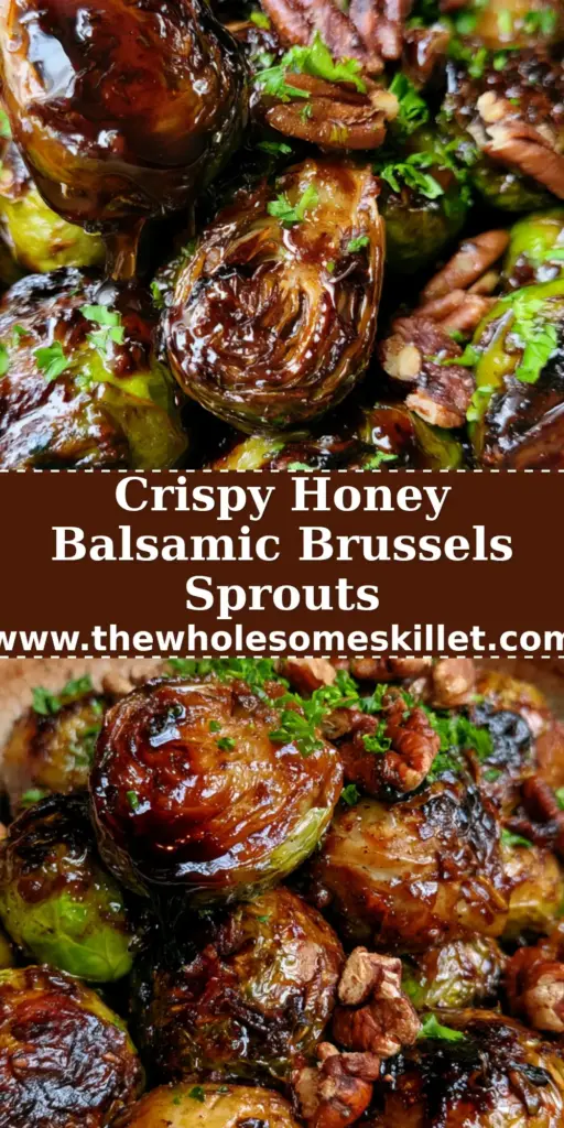 A rustic ceramic bowl of roasted honey balsamic brussels sprouts with deep char marks, glistening glaze, toasted pecans, and sea salt flakes.