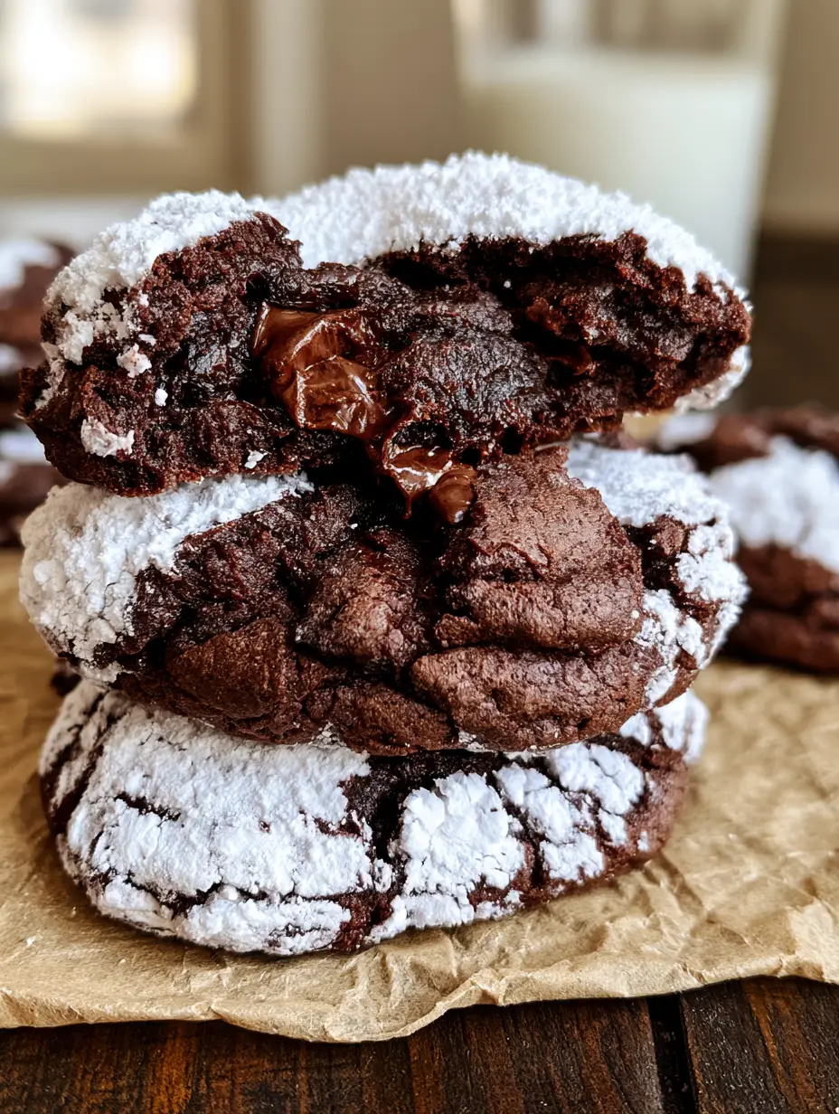 Close up of a warm chocolate crinkle cookie broken in half revealing a gooey brownie-like center with melting chocolate bits. (chocolate crinkle cookies)