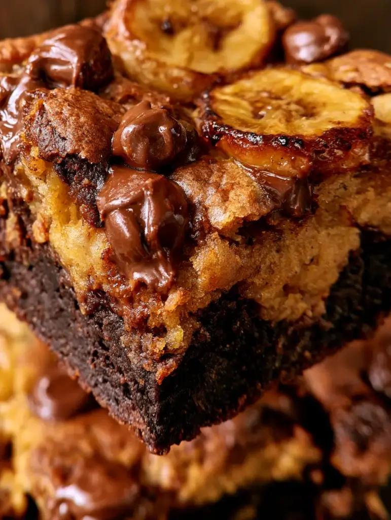 Banana Brownies: The Ultimate Marbled Fudgy Banana Bread Bars 1 Extreme close up of caramelized banana slices and melted chocolate drips on top of banana brownies.