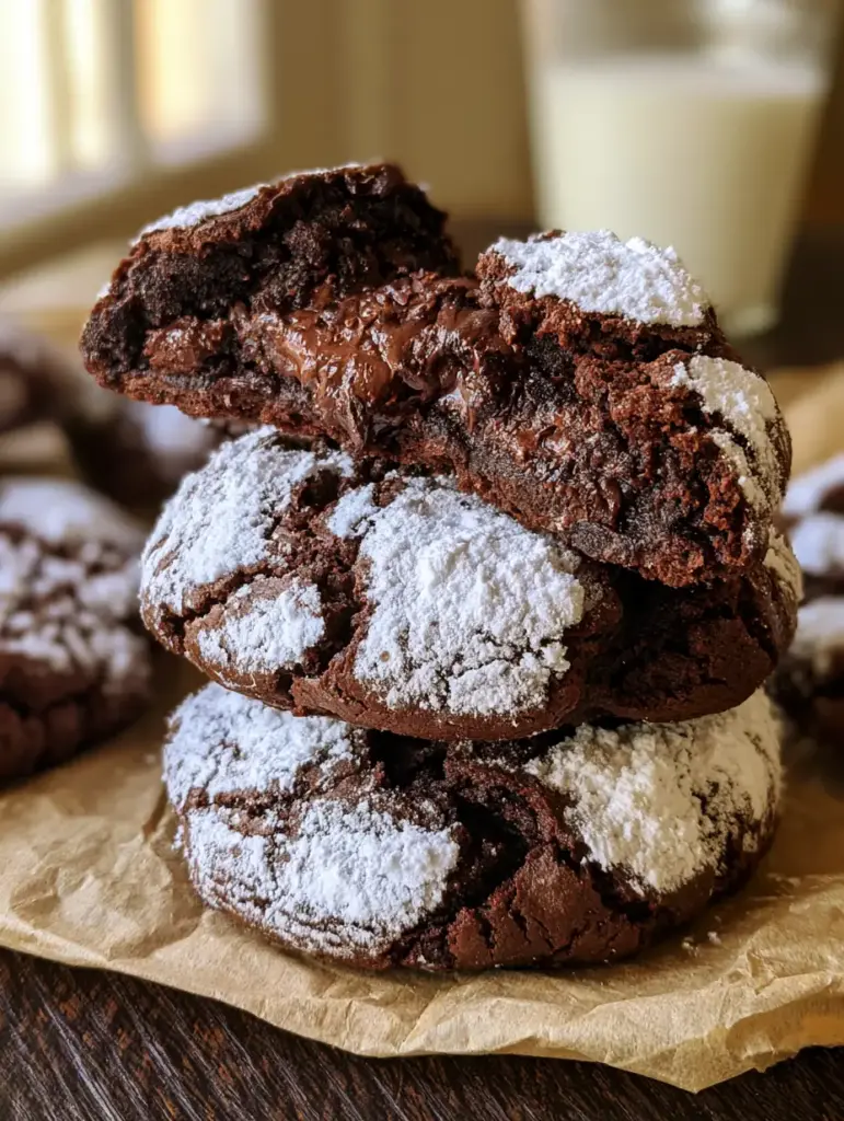 A stack of thick chocolate crinkle cookies on a dark wood table next to a glass of milk.