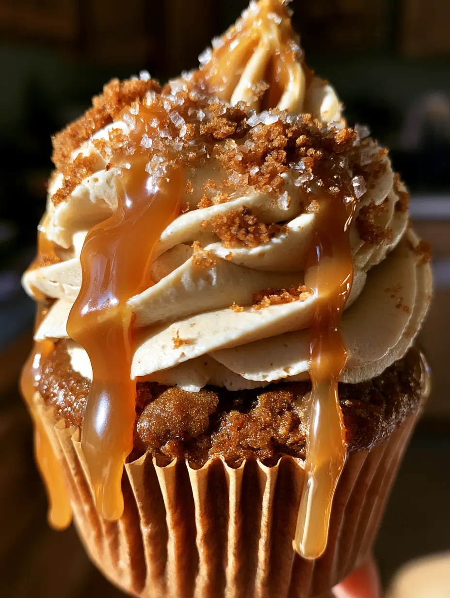 Gingerbread Latte Cupcakes with Espresso Buttercream and Salted Caramel 3 Handheld photo of a dark spiced gingerbread latte cupcake with massive espresso swirl and translucent caramel drips.