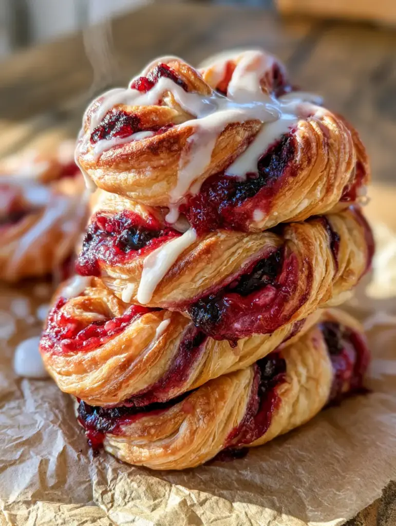 Berry Pastry Twists with Glossy Vanilla Glaze 2 Macro close-up of berry pastry twists showing golden flaky layers and vibrant red jam.