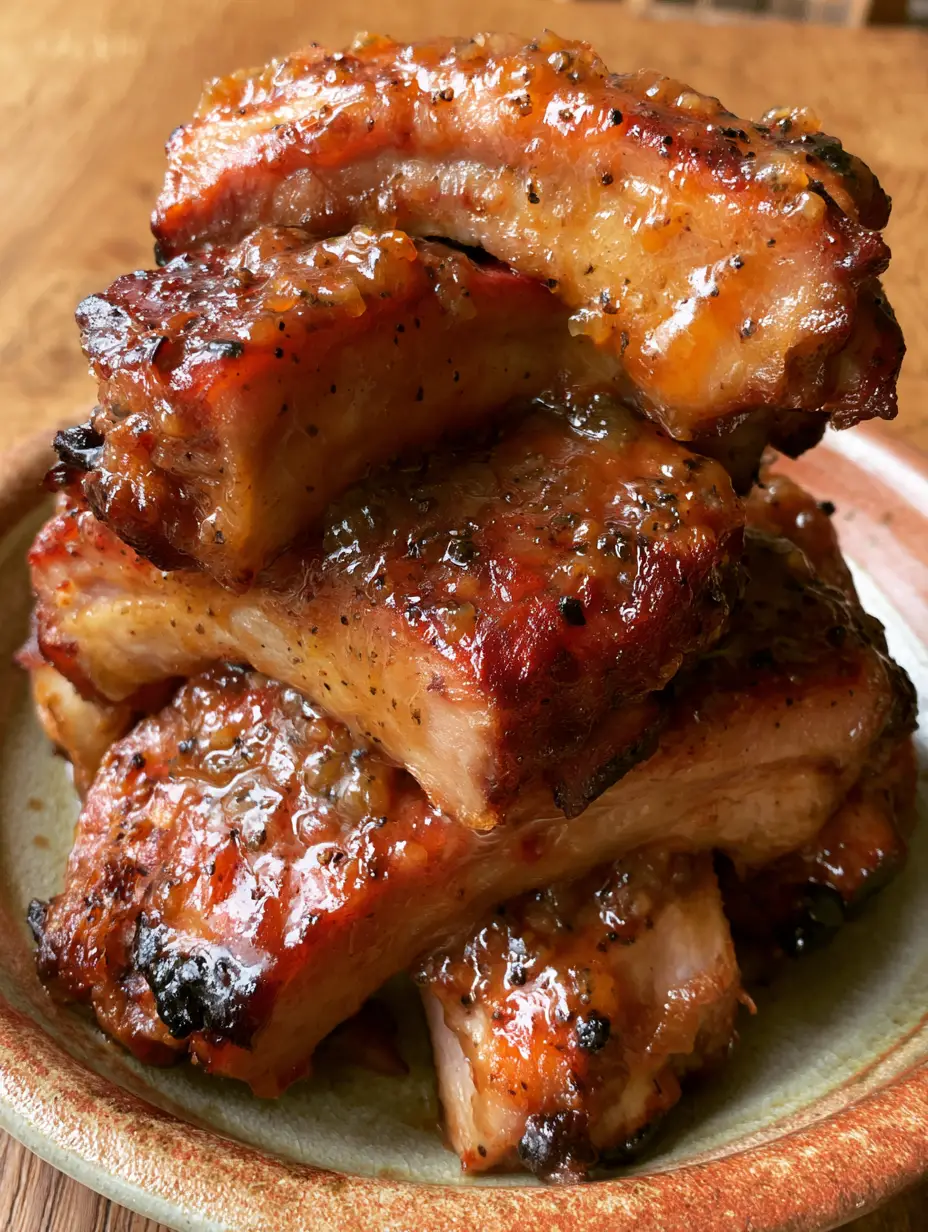Handheld photo of a stack of thick pork spare ribs with a translucent BBQ glaze. (crockpot bbq ribs)