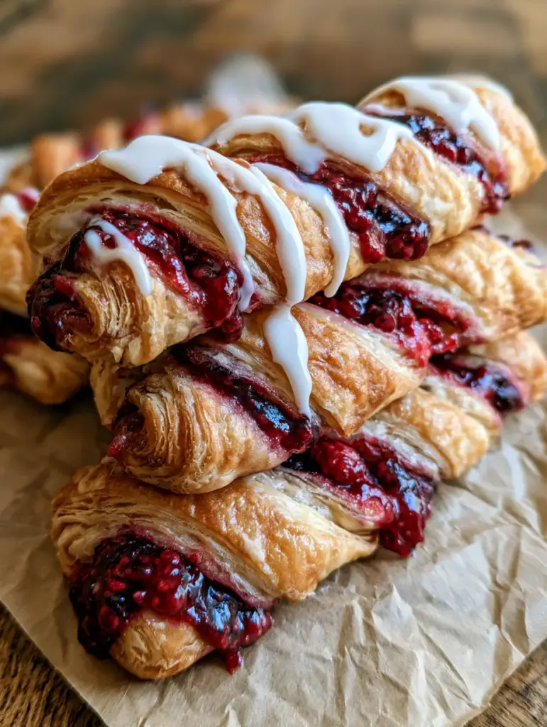 Berry Pastry Twists with Glossy Vanilla Glaze 1 A handheld photo of a stack of berry pastry twists with glossy glaze catching the morning light.