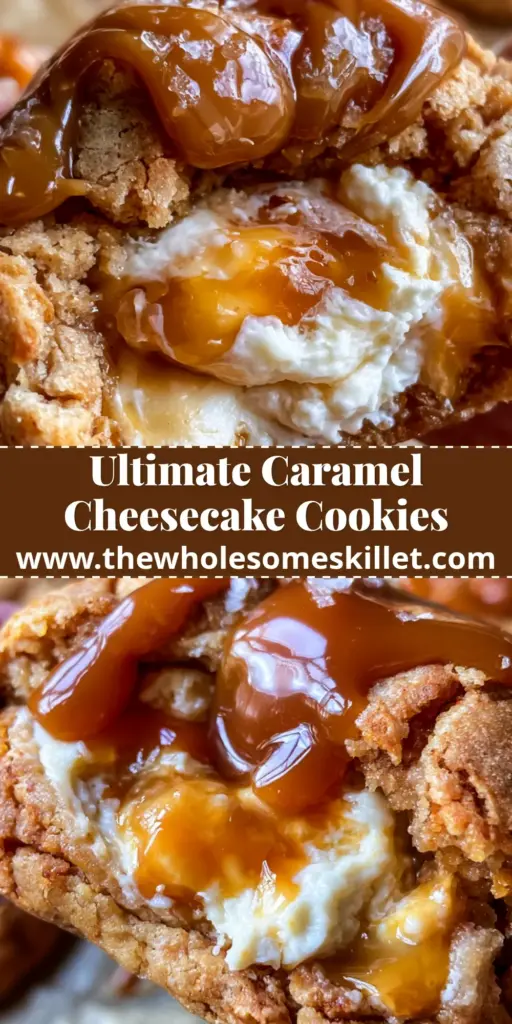 Caramel Cheesecake Cookies with Gooey Salted Caramel Core 4 A close-up vertical shot of caramel cheesecake cookies being pulled apart, showing a gooey cheesecake center and dripping caramel on a parchment background.