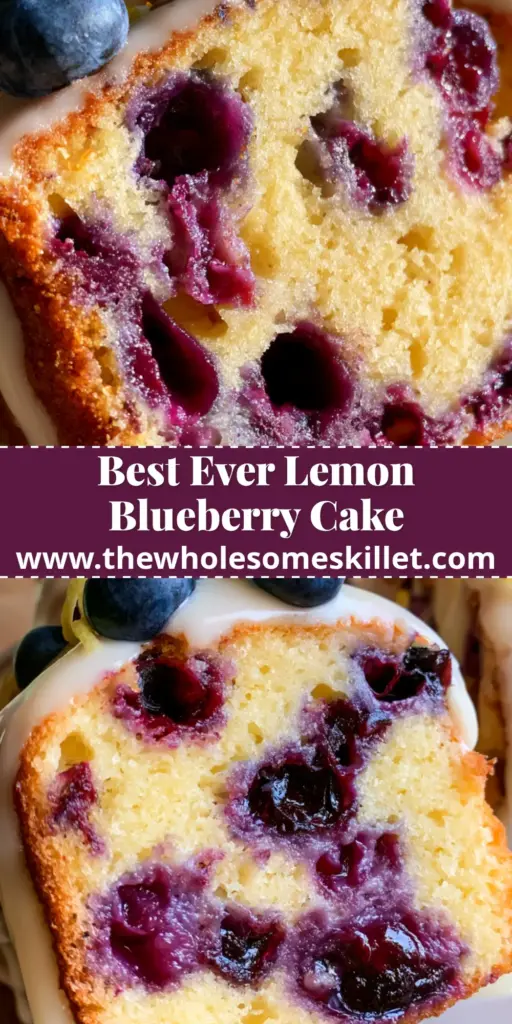 Lemon Blueberry Bundt Cake with a Thick Opaque Lemon Glaze 4 A tall, golden-brown lemon blueberry bundt cake on a rustic wooden table, topped with a thick white glaze, fresh blueberries, and lemon zest curls.