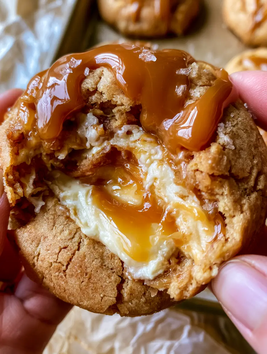 Caramel Cheesecake Cookies with Gooey Salted Caramel Core 3 A handheld smartphone photo showing the rustic, golden-brown cracked texture of caramel cheesecake cookies under bright window light.