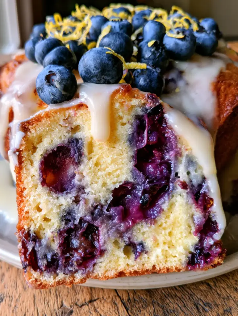Lemon Blueberry Bundt Cake with a Thick Opaque Lemon Glaze 2 Close-up handheld photo of a thick slice of lemon blueberry bundt cake showing the moist yellow interior and purple blueberry pockets.