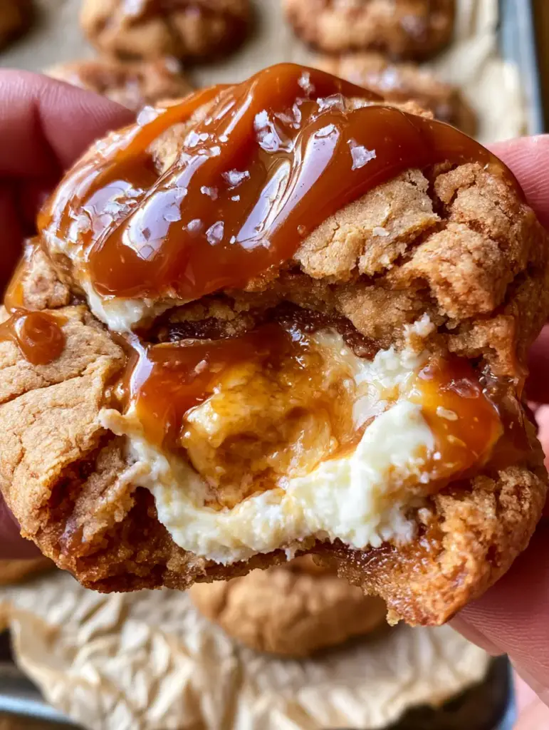 Caramel Cheesecake Cookies with Gooey Salted Caramel Core 1 Overhead view of a tray of caramel cheesecake cookies on crumpled parchment paper with glossy caramel drizzle and sea salt grains.