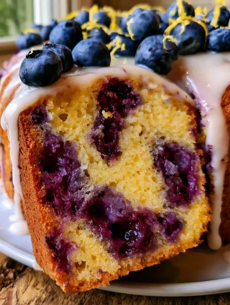 Lemon Blueberry Bundt Cake with a Thick Opaque Lemon Glaze 1 A detailed shot of the thick white lemon glaze dripping down the side of a lemon blueberry bundt cake.