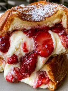 Extreme close-up of a thick strawberry cheesecake sandwich sliced in half showing velvety filling and glistening red berries.