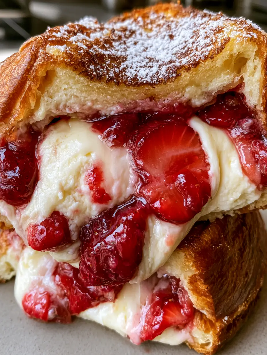 Strawberry Cheesecake Sandwiches: The Ultimate Stuffed Brioche Treat 3 Extreme close-up of a thick strawberry cheesecake sandwich sliced in half showing velvety filling and glistening red berries.