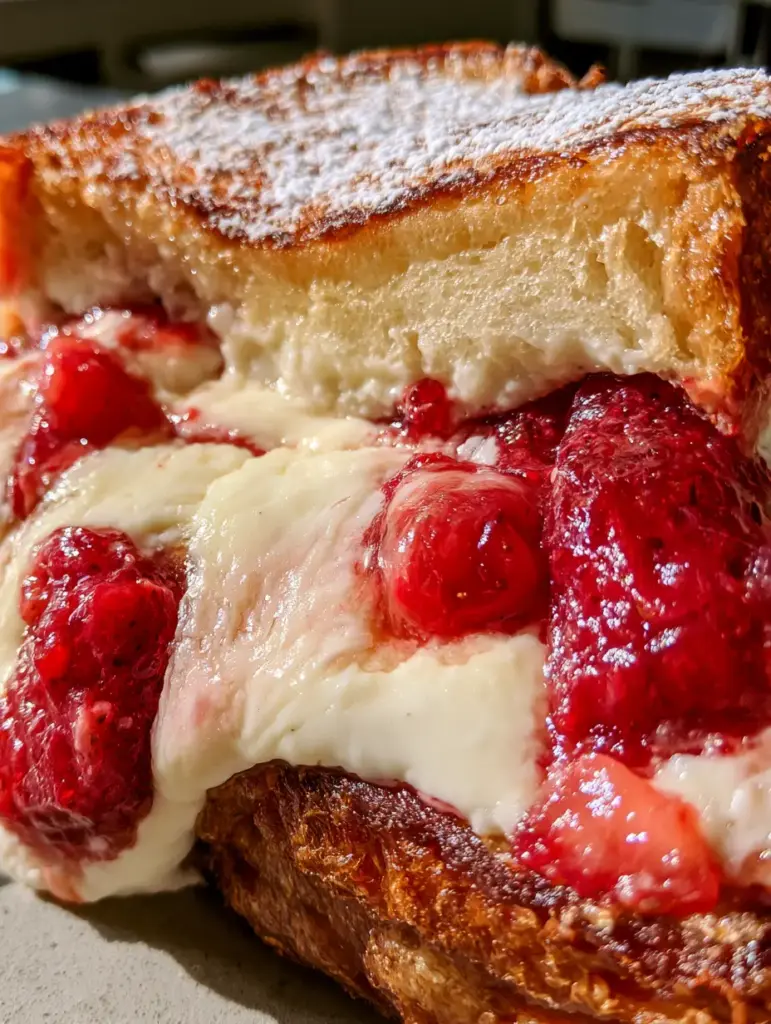 Strawberry Cheesecake Sandwiches: The Ultimate Stuffed Brioche Treat 1 A top-down view of a golden-brown toasted brioche sandwich dusted with delicate powdered sugar.