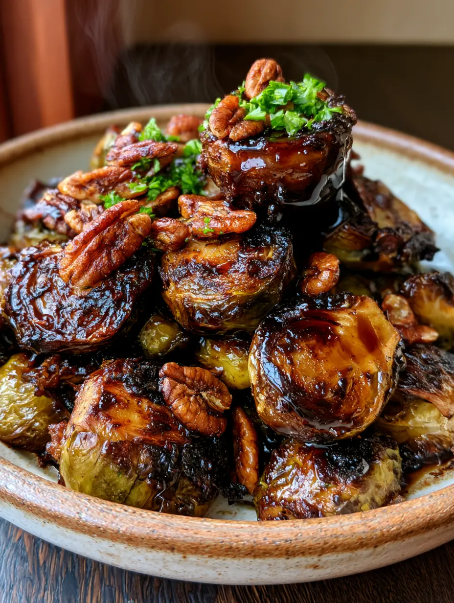 Smartphone photo of honey balsamic brussels sprouts in a ceramic bowl, showing honey glaze dripping and bright green parsley.