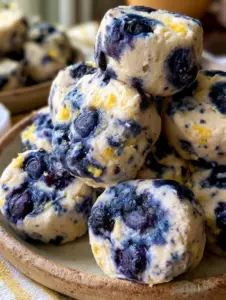 A handheld photo of creamy cottage cheese protein balls showing flecks of lemon zest and blueberry juice. (cottage cheese protein balls)