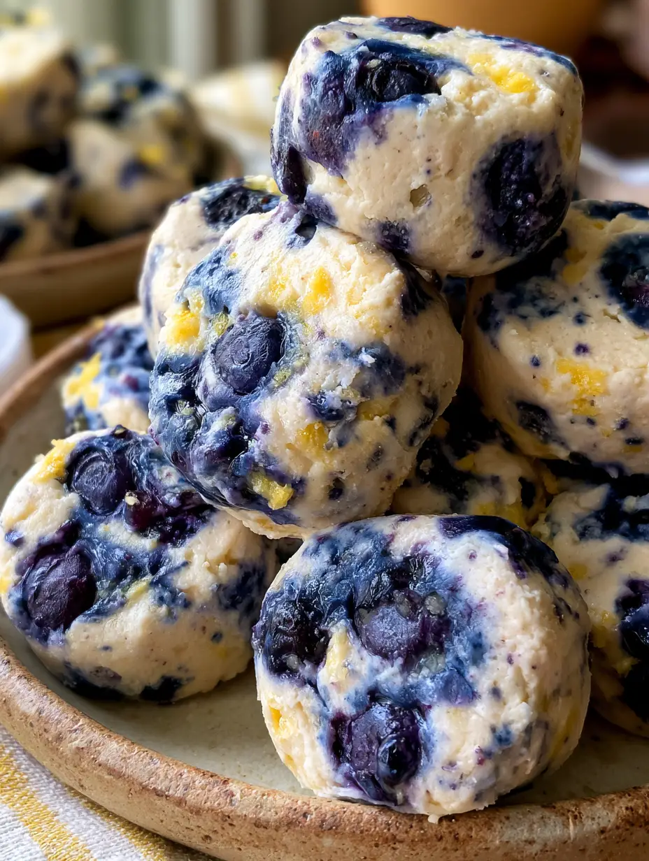 Cottage Cheese Protein Balls with Fresh Lemon and Blueberry 3 A handheld photo of creamy cottage cheese protein balls showing flecks of lemon zest and blueberry juice. (cottage cheese protein balls)