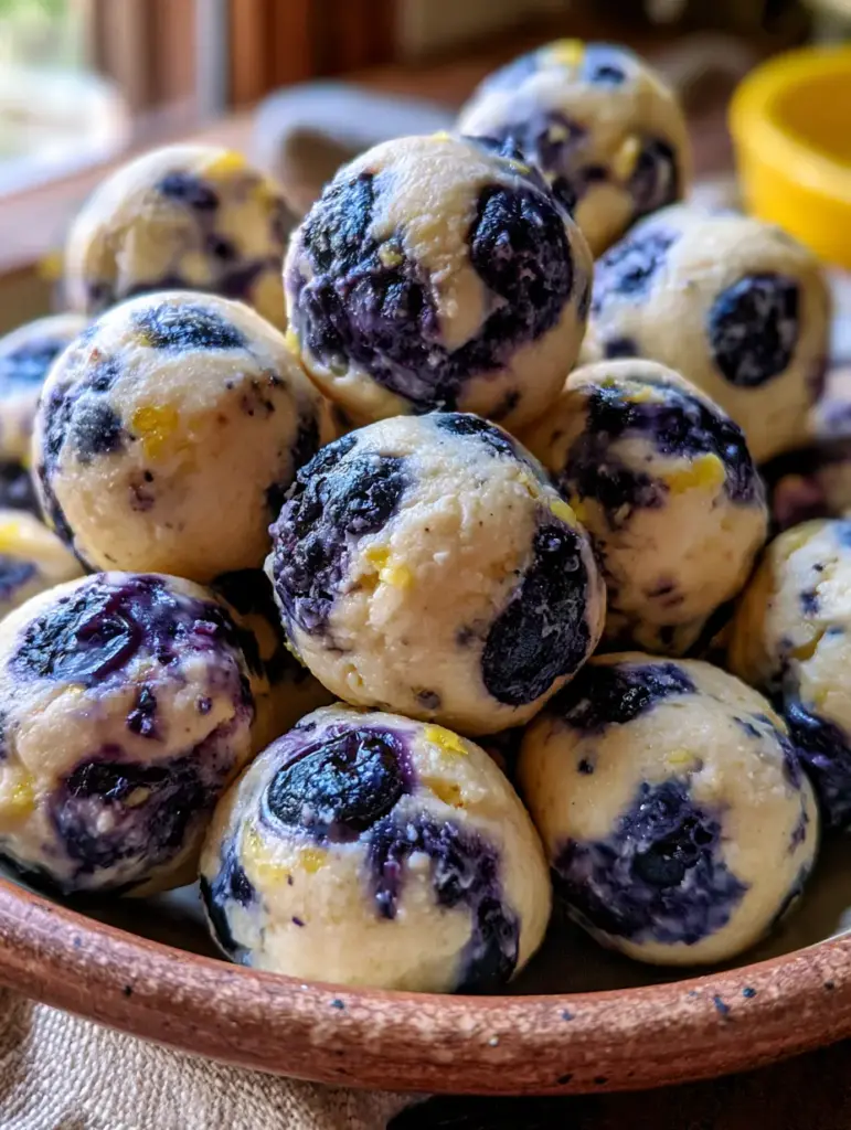 Cottage Cheese Protein Balls with Fresh Lemon and Blueberry 1 Close up of lemon blueberry protein bites made with cottage cheese on a ceramic plate. (cottage cheese protein balls)