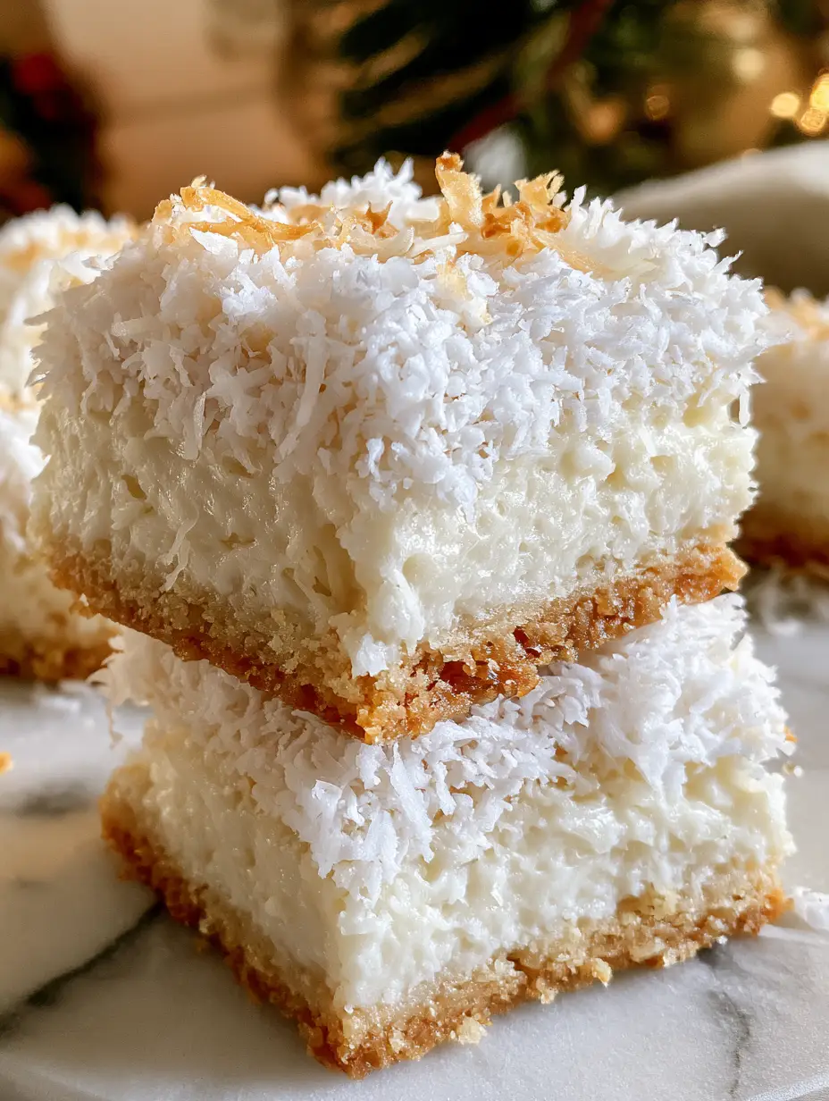 Close-up of thick, stacked Coconut Snow Squares with fluffy shredded coconut and toasted flakes. (coconut snow squares)