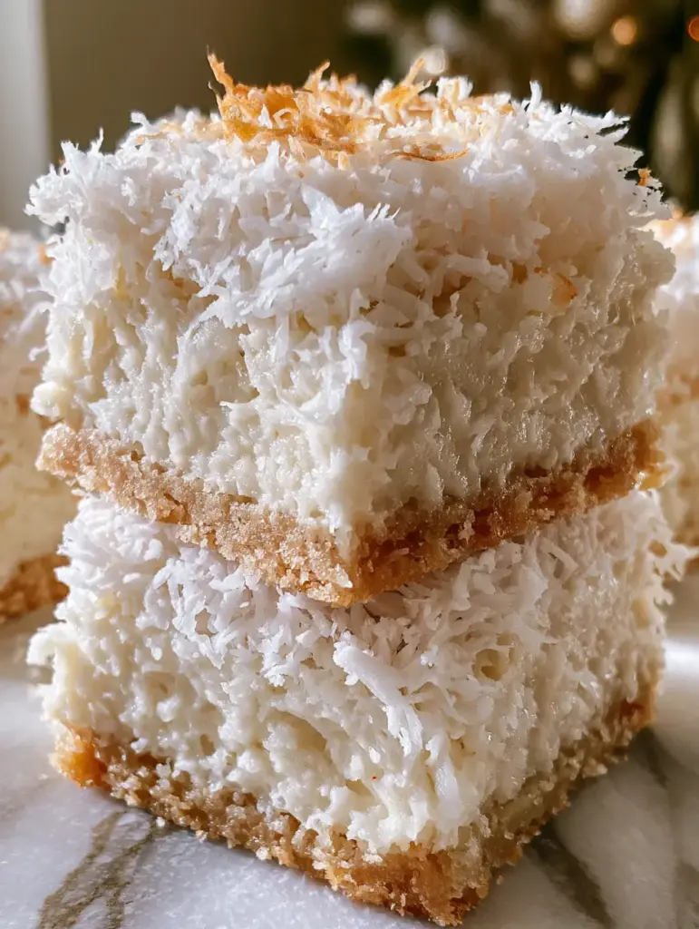 Coconut Snow Squares being sliced on a marble board with a cozy holiday bokeh background.