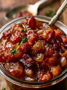 Extreme close-up of chunky apple whiskey bacon jam with glistening textures, coarse black pepper, and fresh thyme.