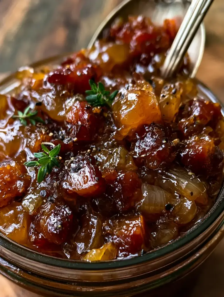 A silver vintage spoon buried deep in a jar of rich, mahogany-colored apple whiskey bacon jam.