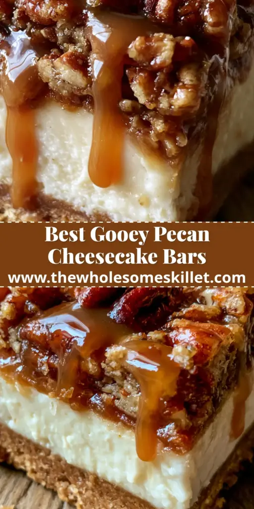 A close-up shot of pecan pie cheesecake bars with three distinct layers including a graham cracker crust, white cheesecake, and glossy caramel pecans.