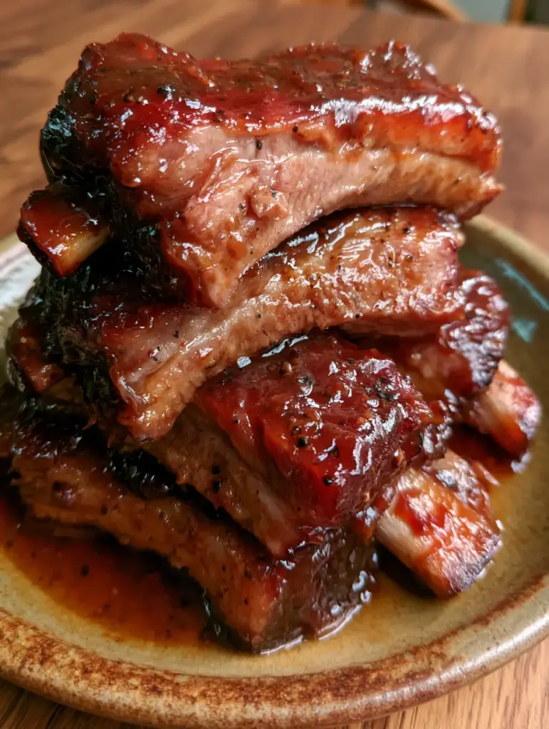 Close up of caramelized sugar bits and black pepper on crockpot bbq ribs.