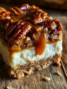 A thick square slice of a pecan pie cheesecake bar on a rustic wooden table with stray crumbs. (pecan pie cheesecake bars)