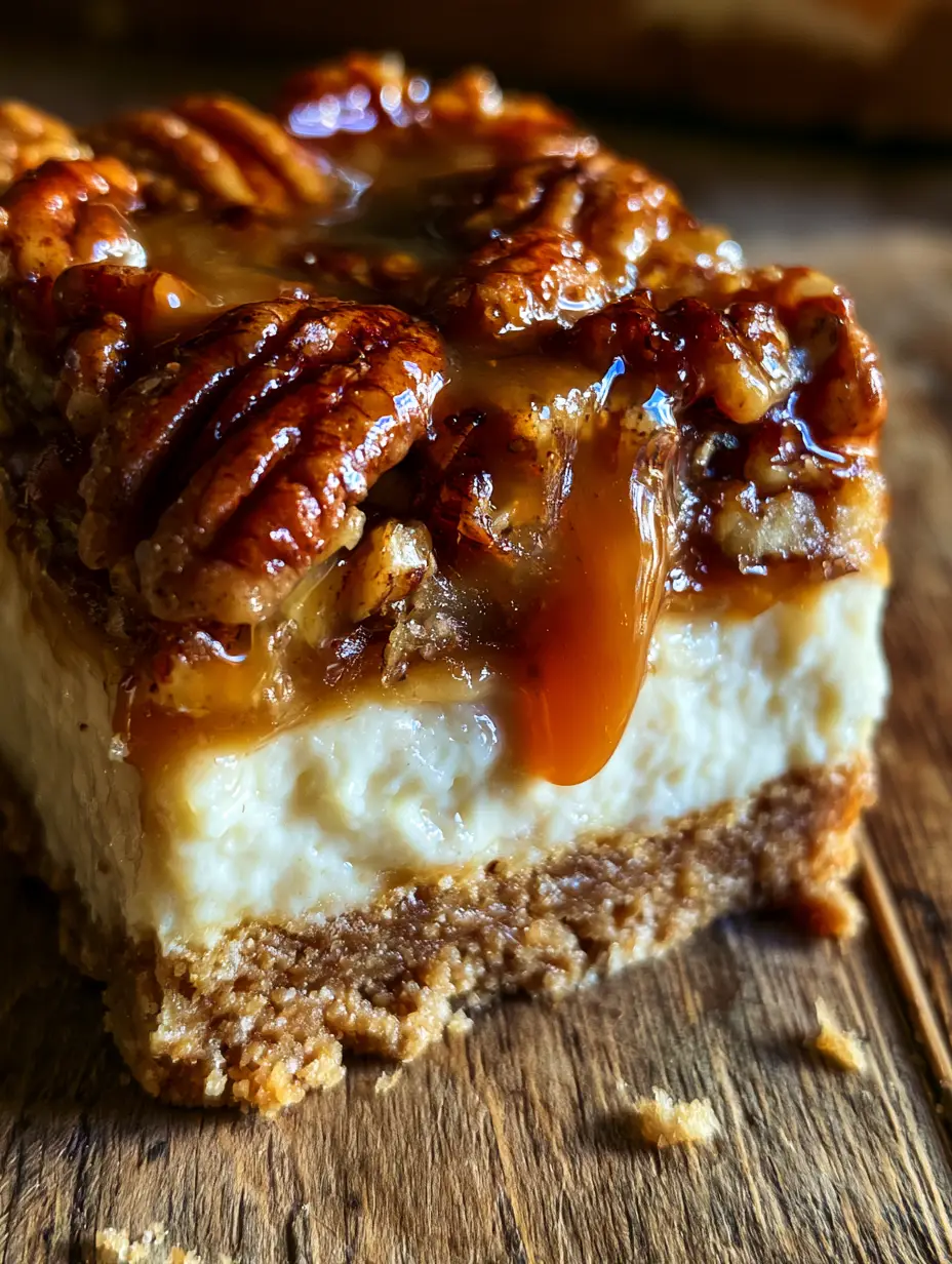 A thick square slice of a pecan pie cheesecake bar on a rustic wooden table with stray crumbs. (pecan pie cheesecake bars)